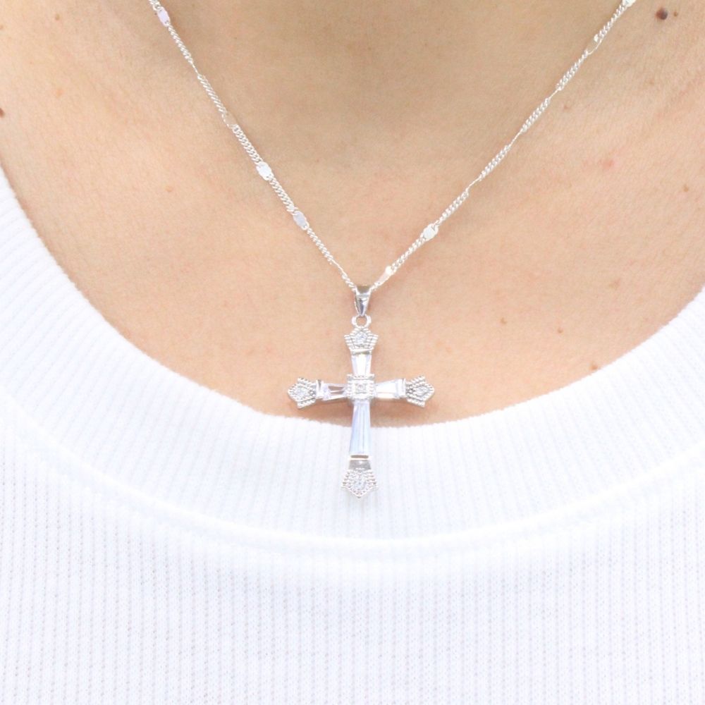 Cruz de Plata .925 Diseño Fino con Zirconias de Corte Baguette mod. 1258
