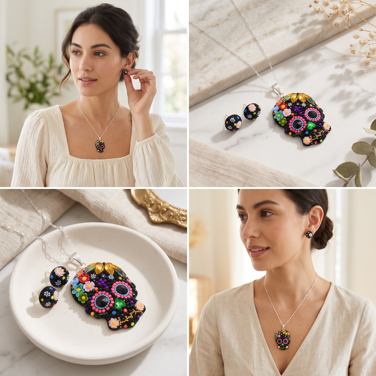 Coordinado de Plata .925 Con Diseño de Calavera Mexicana y Zirconia Negra mod. 3245