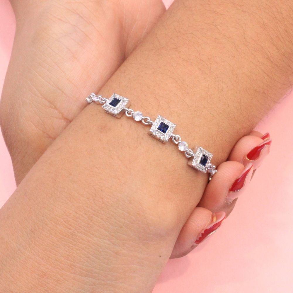 Pulsera de Plata .925 de Tejido Cubo con Zirconias Color Azul Zafiro mod. 0987