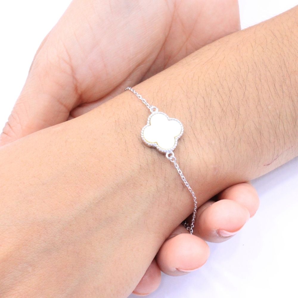 Pulsera de Plata .925 Tejido Fino con Trébol de Madre Perla mod. 1037