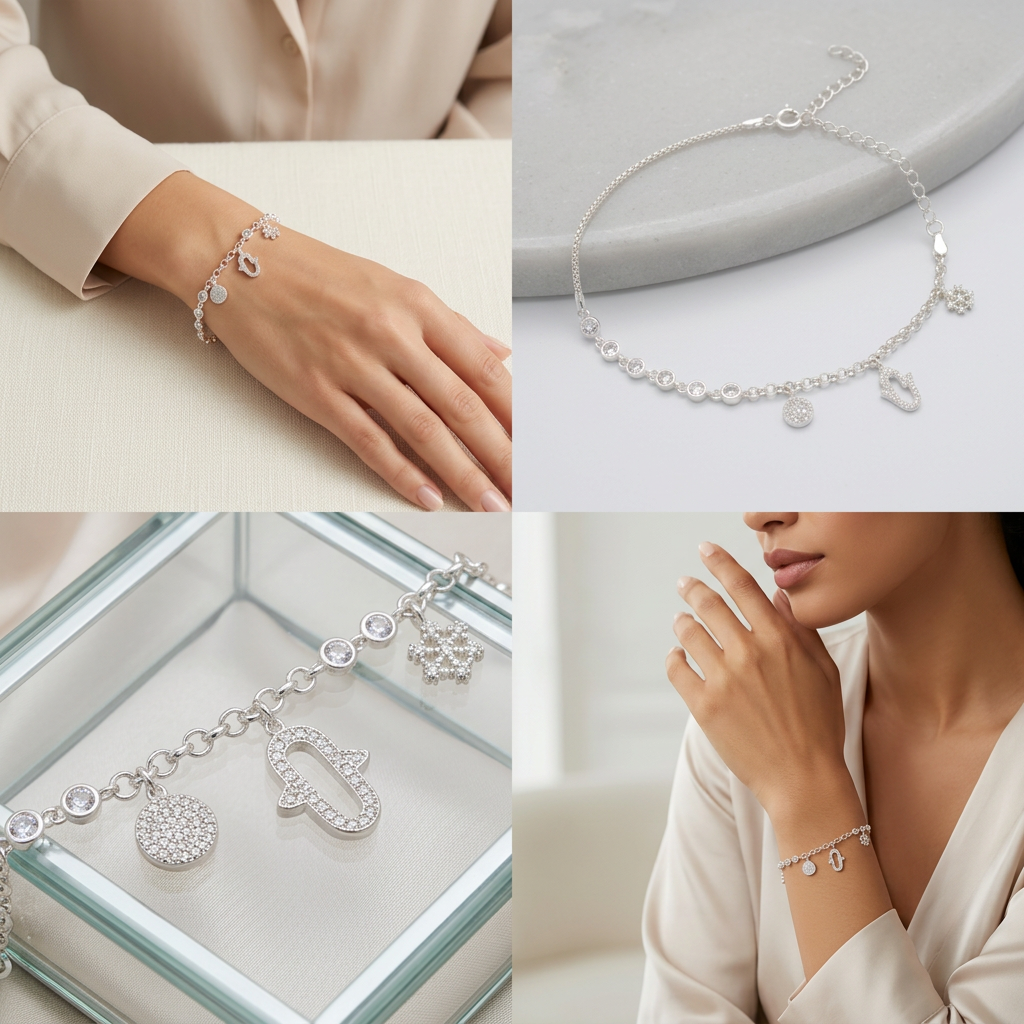 Pulsera de Plata. 925 con Colgante de Ancla y Mano de Fátima mod.3273