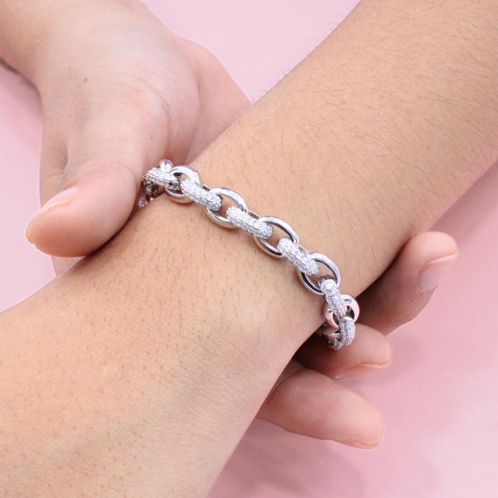 Pulsera de Plata .925 Tejido Cobra Especial con Eslabones Incrustados con Zirconias mod. 1283