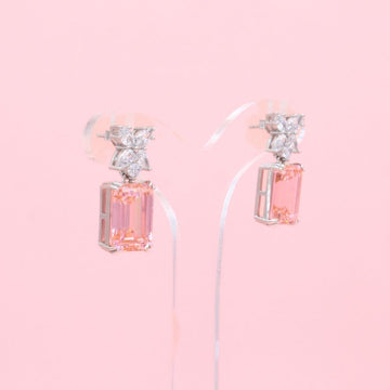 Arete Largo de Plata .925 Diseño Brillante con Moissanita Color Rosa Tourmalina mod. 1229