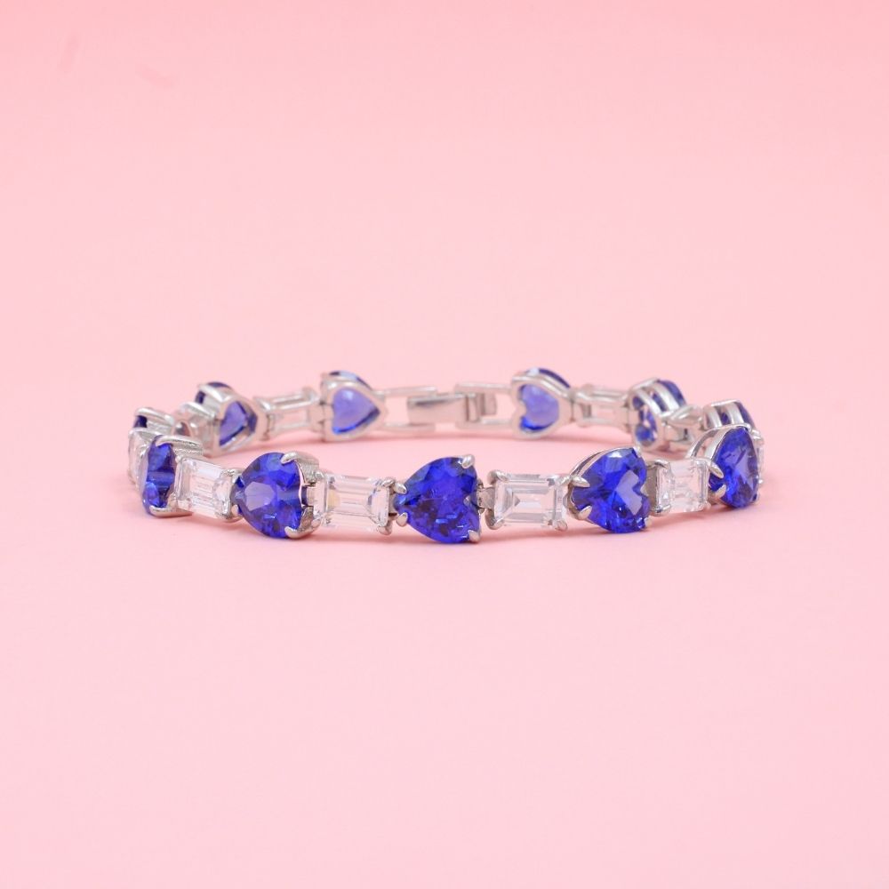 Pulsera de Plata .925 Incrustado con Zirconias Baguette y Corazón Color Azul Zafiro mod. 0988