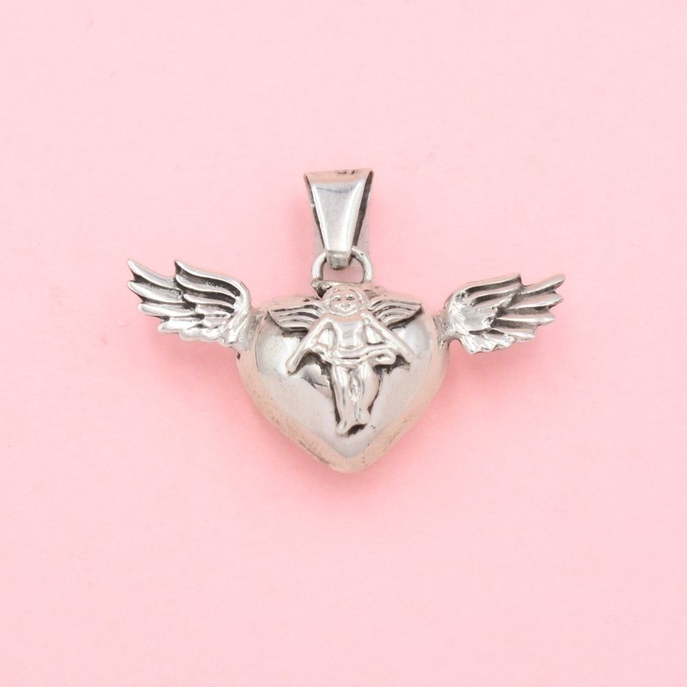 Dije de Plata .925 Llama Ángeles en Forma de Corazón con Alas mod. 1346