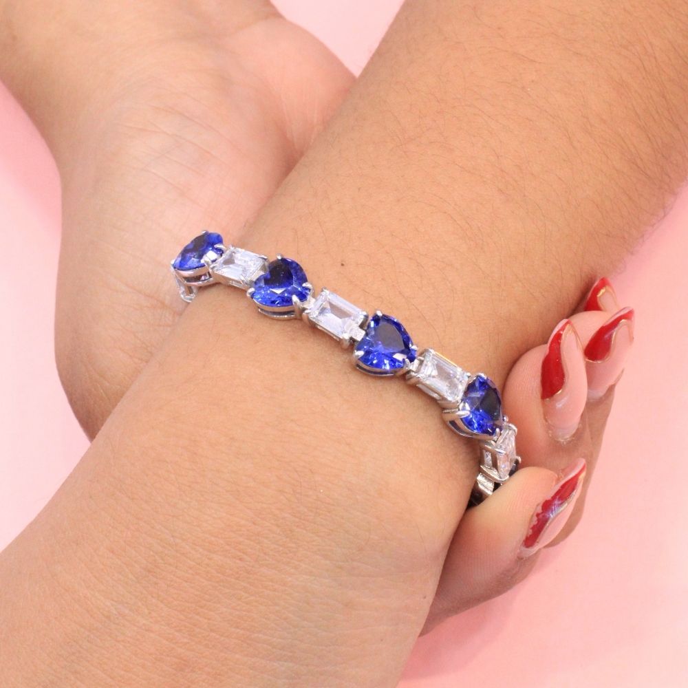 Pulsera de Plata .925 Incrustado con Zirconias Baguette y Corazón Color Azul Zafiro mod. 0988