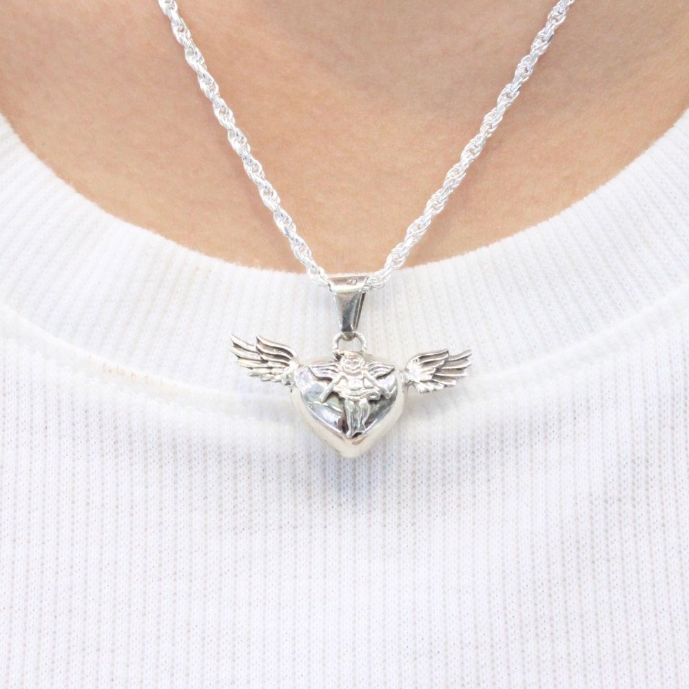 Dije de Plata .925 Llama Ángeles en Forma de Corazón con Alas mod. 1346