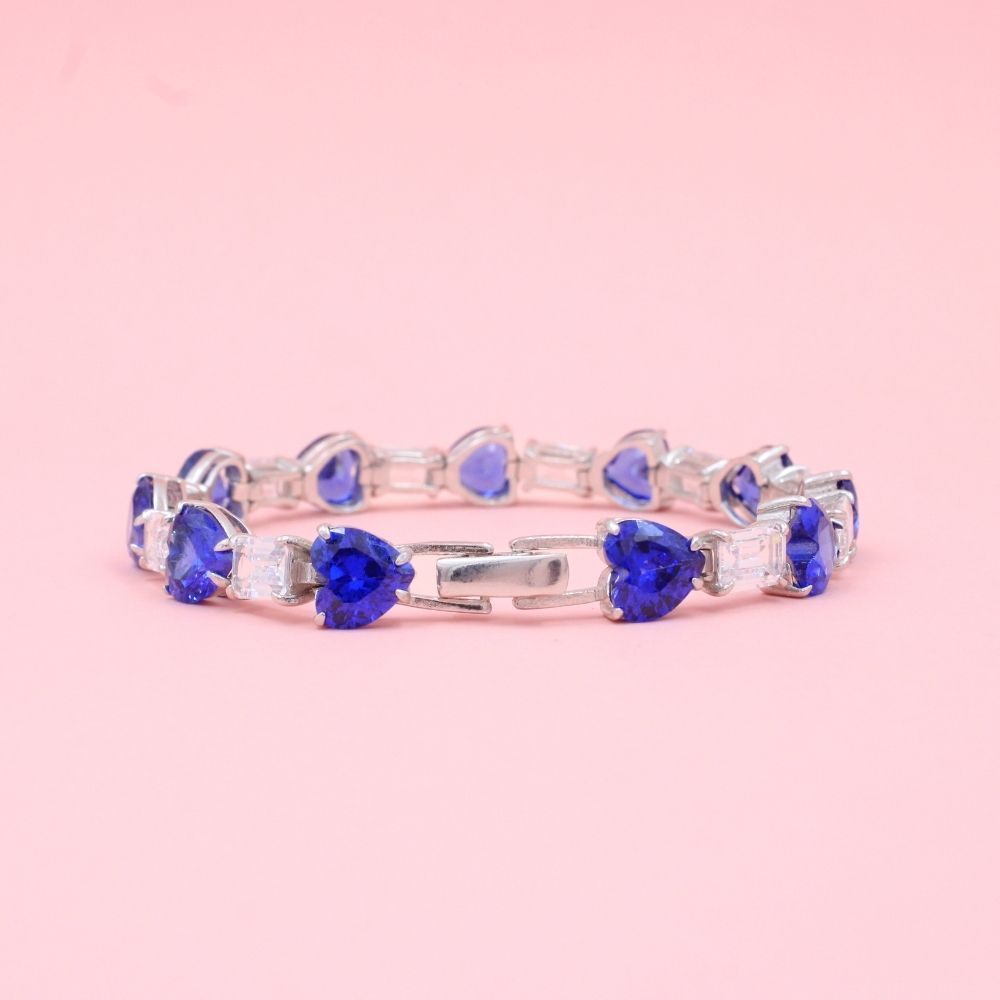 Pulsera de Plata .925 Incrustado con Zirconias Baguette y Corazón Color Azul Zafiro mod. 0988