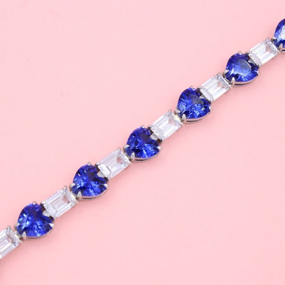 Pulsera de Plata .925 Incrustado con Zirconias Baguette y Corazón Color Azul Zafiro mod. 0988
