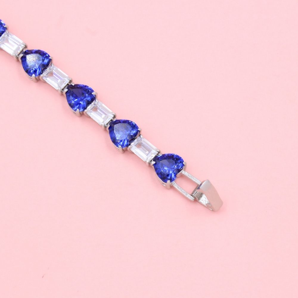 Pulsera de Plata .925 Incrustado con Zirconias Baguette y Corazón Color Azul Zafiro mod. 0988