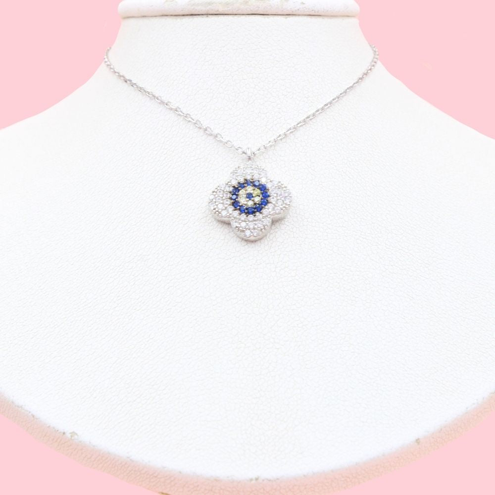 Gargantilla de Plata .925 Trébol de Ojo Turco Incrustado con Zirconias mod. 1207