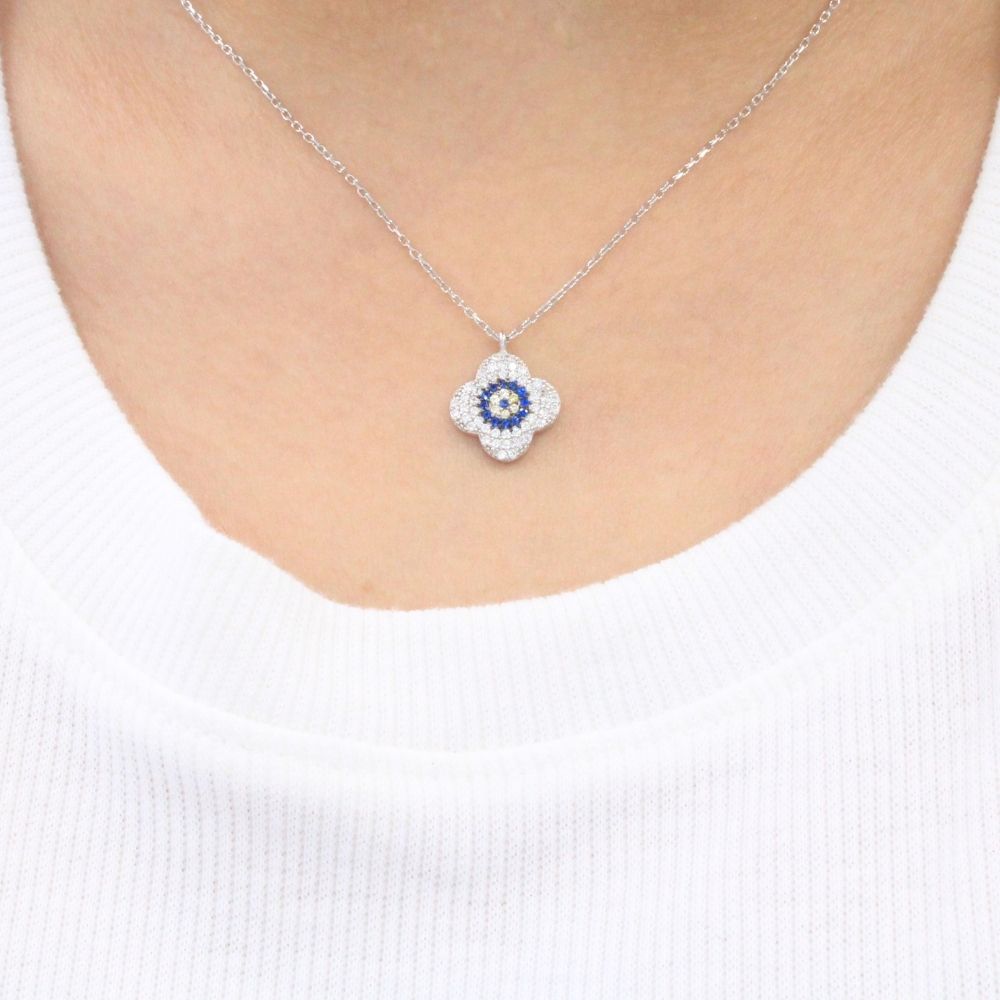 Gargantilla de Plata .925 Trébol de Ojo Turco Incrustado con Zirconias mod. 1207