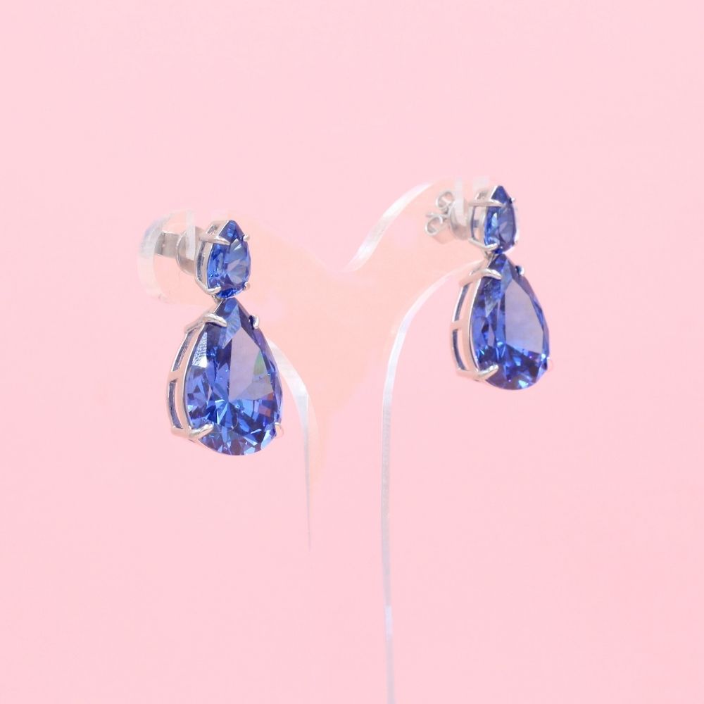 Arete Largo de Plata .925 Gotas de Moissanita Azul Rey mod. 1231