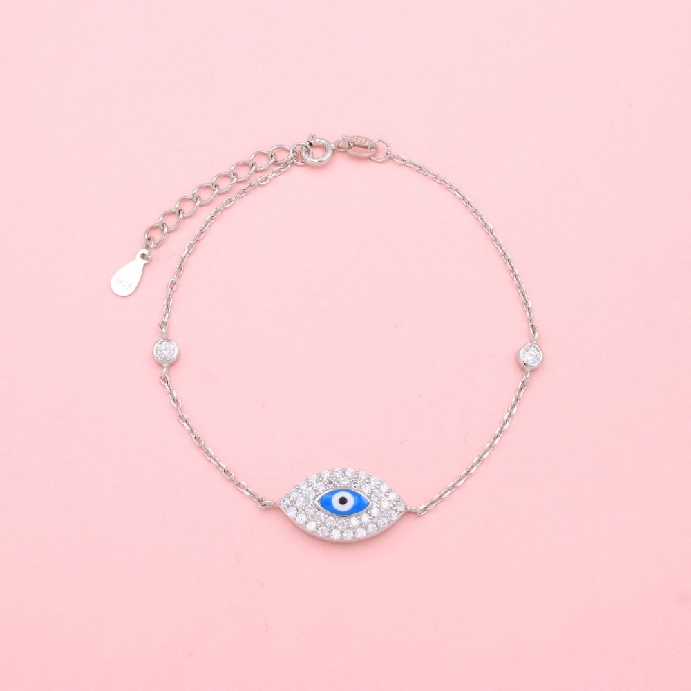 Pulsera de Plata .925 de Tejido Fino con Ojo Turco Azul Detallado con Zirconias mod. 1324