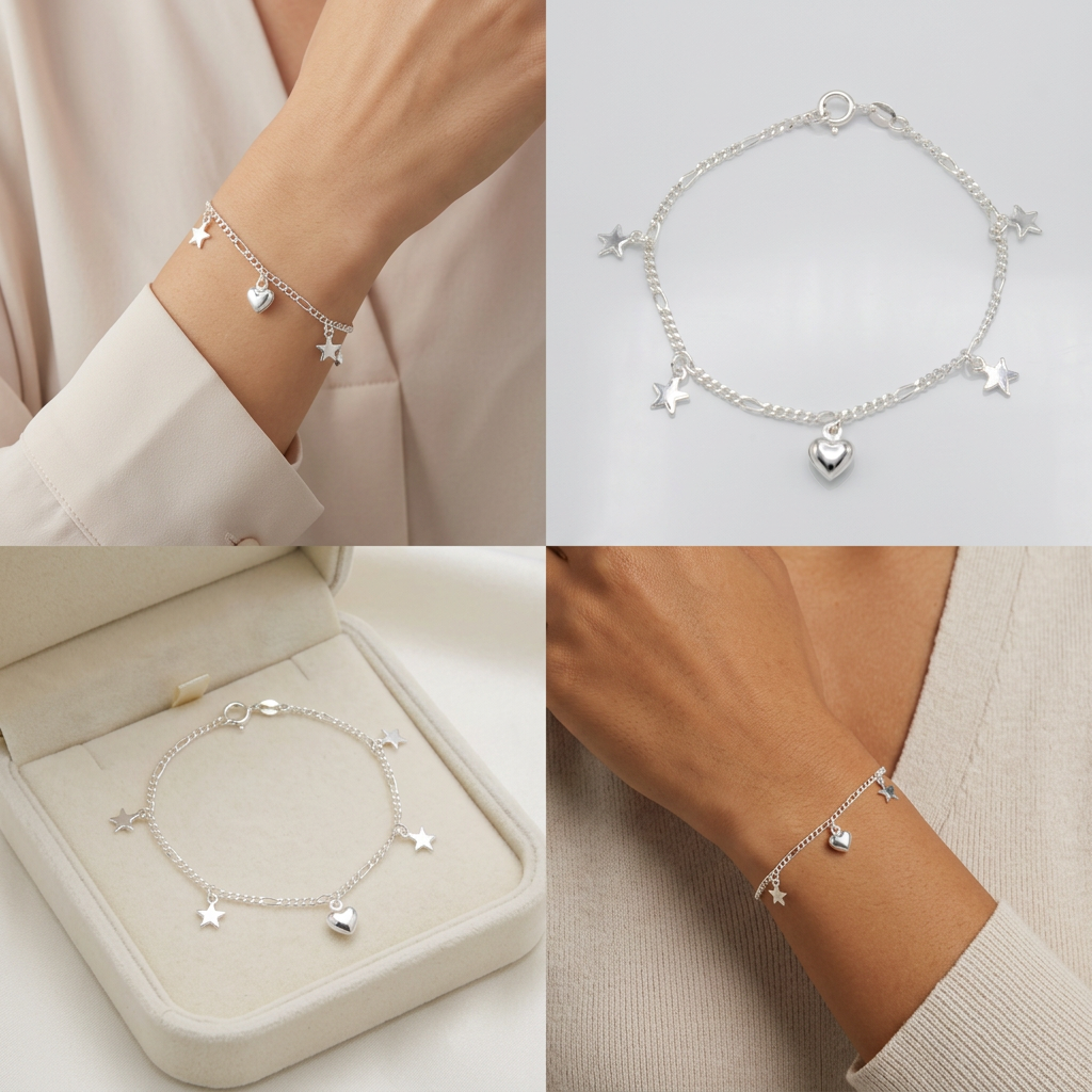 Pulsera de Plata. 925 Tejido 5x1 Con Estrellas y Corazones Colgantes Diseño mod.3280