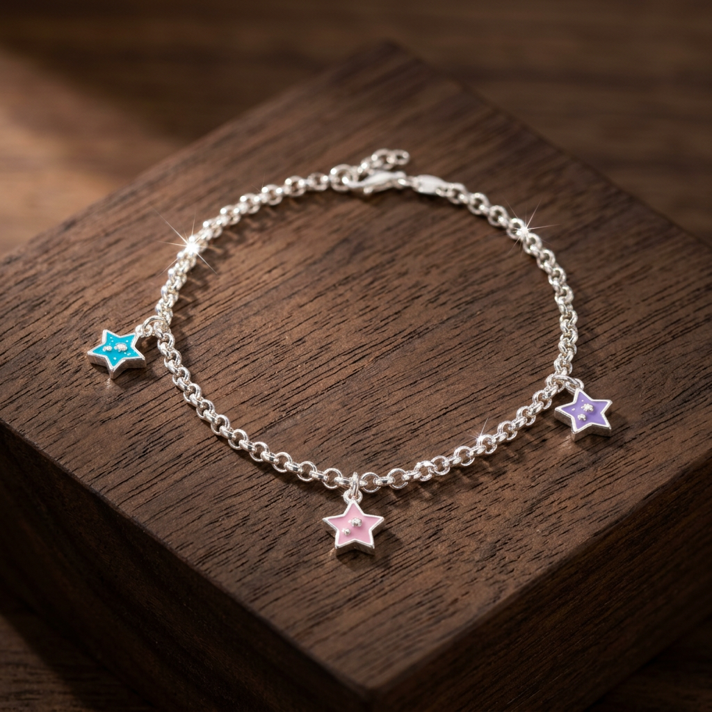 Pulsera de Plata. 925 Diseño de Estrellas Morado, Rosa y Verde Colgante con Extensión mod.3270