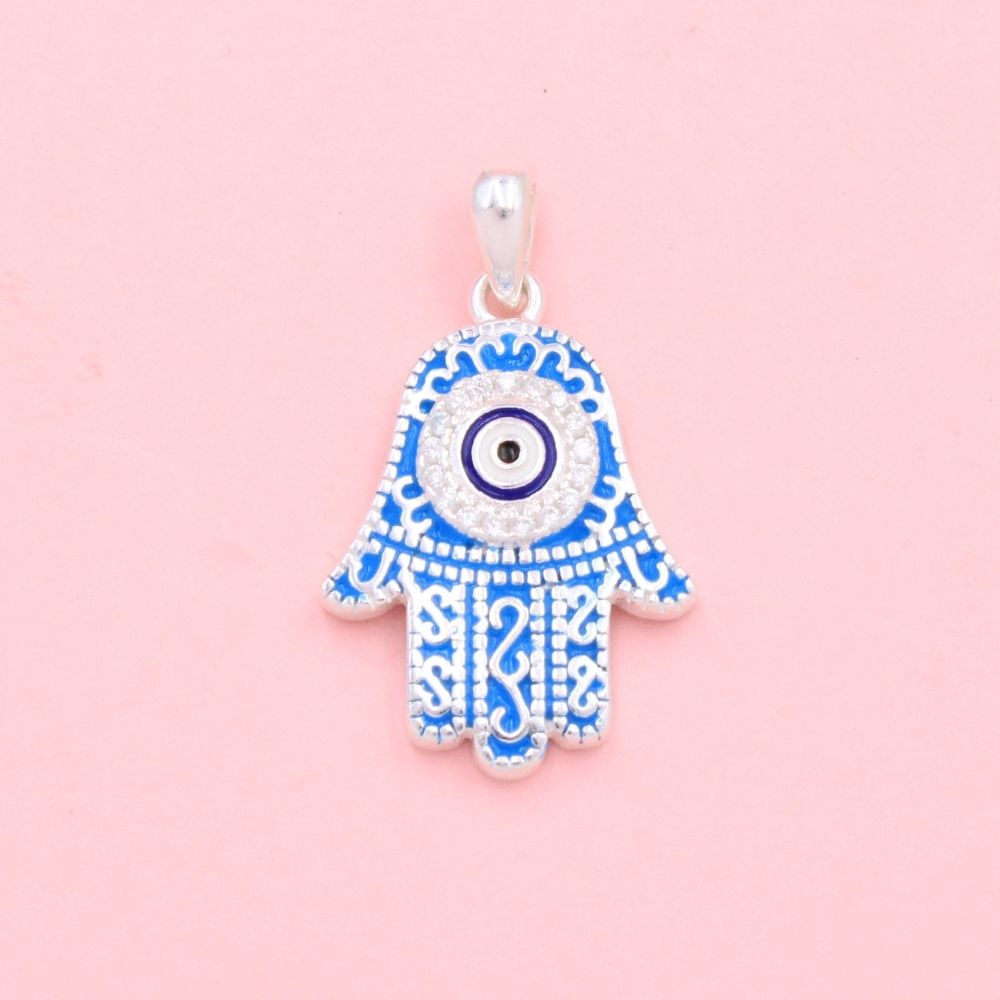 Dije de Plata .925 Mano de Fátima Azul con Zirconias mod. 1349