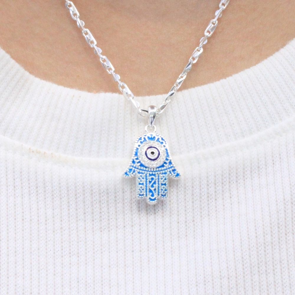 Dije de Plata .925 Mano de Fátima Azul con Zirconias mod. 1349