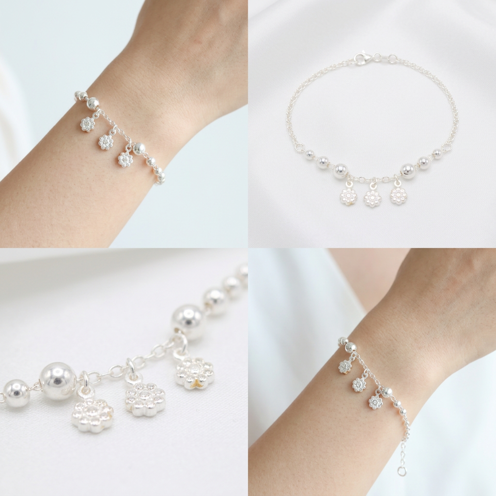 Pulsera de Plata. 925 Diseño de Esferas con Girasoles Colgantes Brillantes con Extensión mod.3283