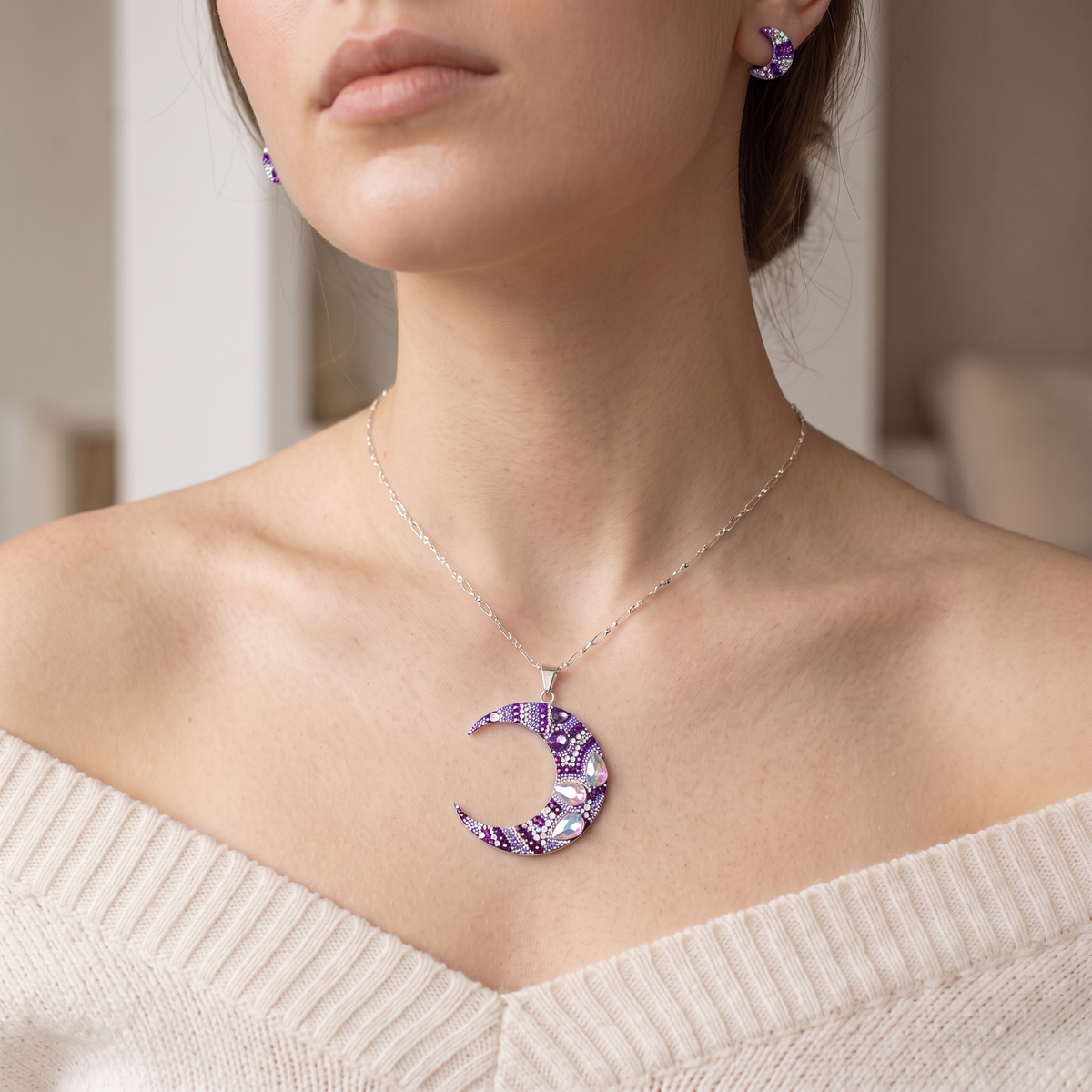 Coordinado de Plata .925 Con Diseño de Luna Morada y Zirconia mod. 3247