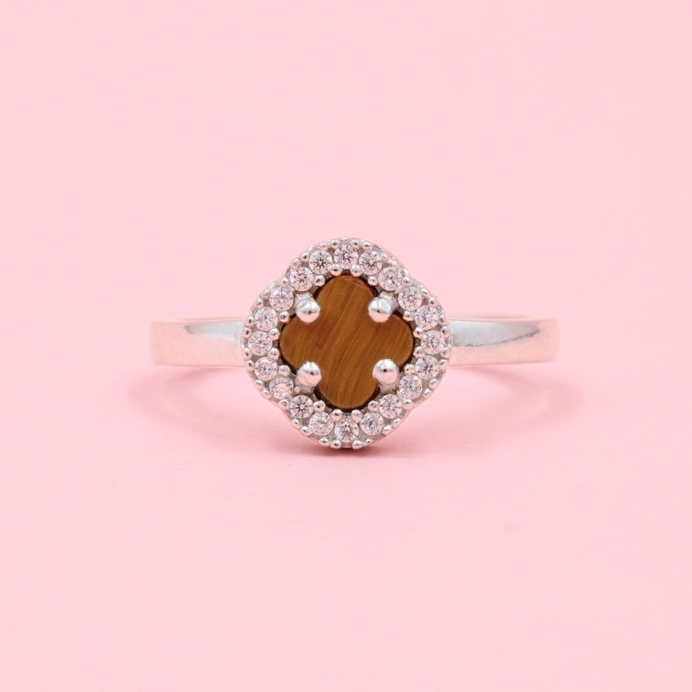 Anillo de Plata .925 Trébol de Ojo de Tigre Detallado con Zirconias Finas mod. 1043