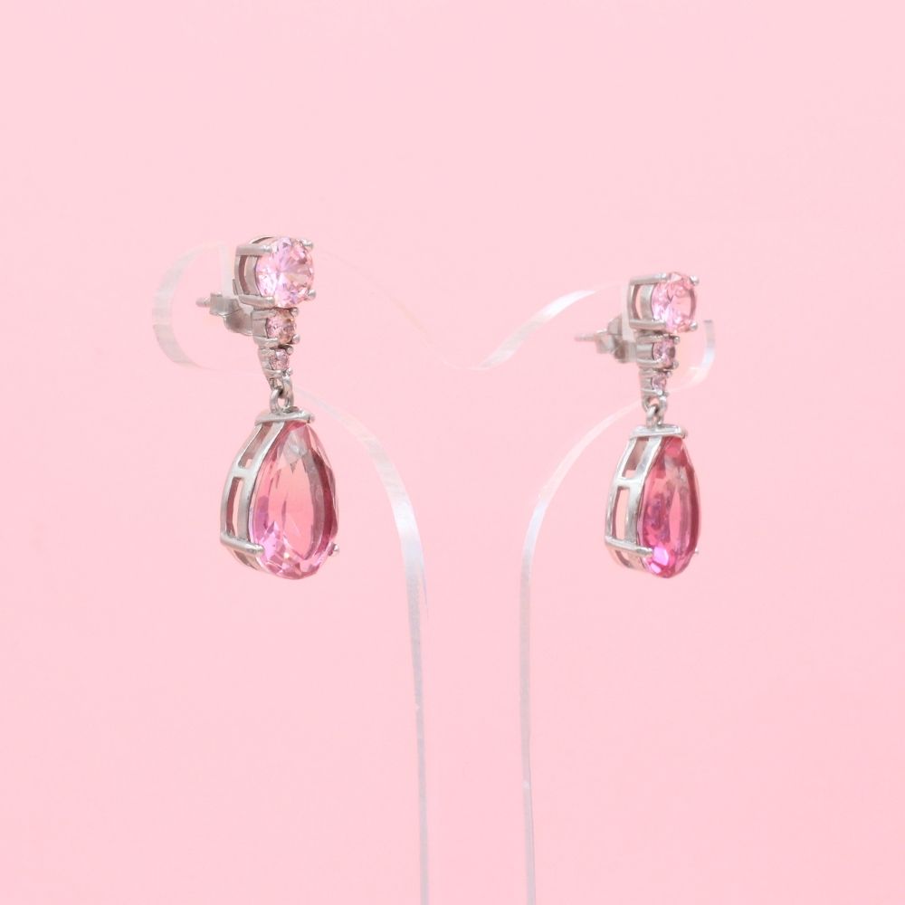 Arete Largo de Plata .925 Gotas de Moissanita Color Rosa Granate mod. 1233