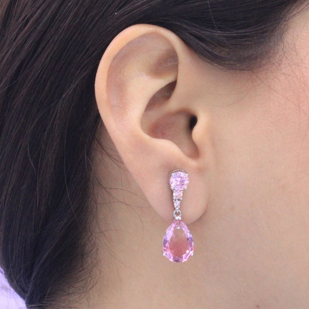 Arete Largo de Plata .925 Gotas de Moissanita Color Rosa Granate mod. 1233