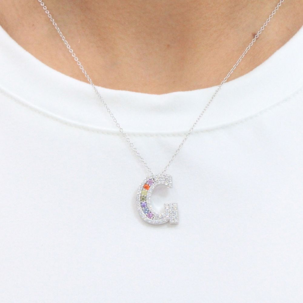 Gargantilla de Plata .925 con Dije de Letra G Incrustado con Zirconias mod. 1074