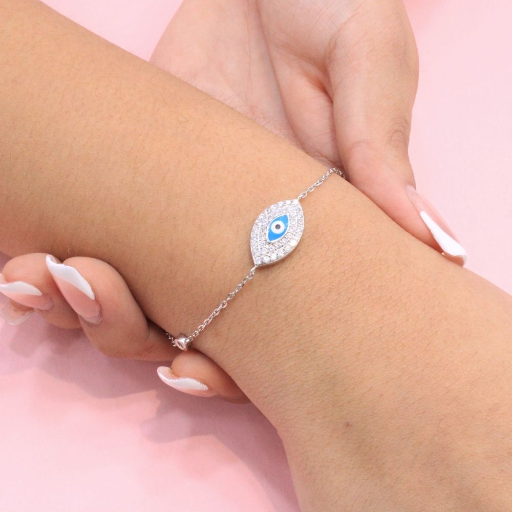 Pulsera de Plata .925 de Tejido Fino con Ojo Turco Azul Detallado con Zirconias mod. 1324