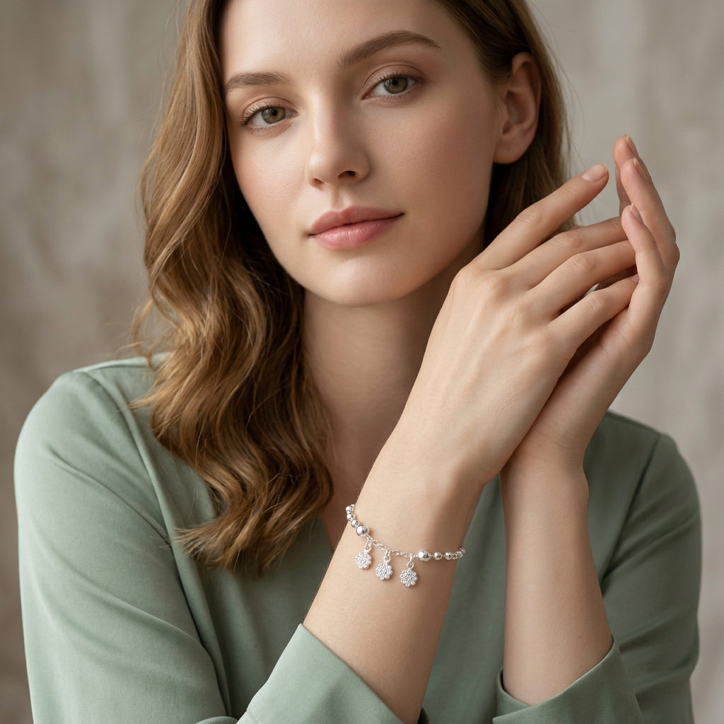 Pulsera de Plata. 925 Diseño de Esferas con Girasoles Colgantes Brillantes con Extensión mod.3283