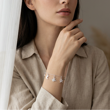 Pulsera de Plata. 925 Diseño de Saturno, Luna y Estrella Colgantes con Extensión  mod.3272