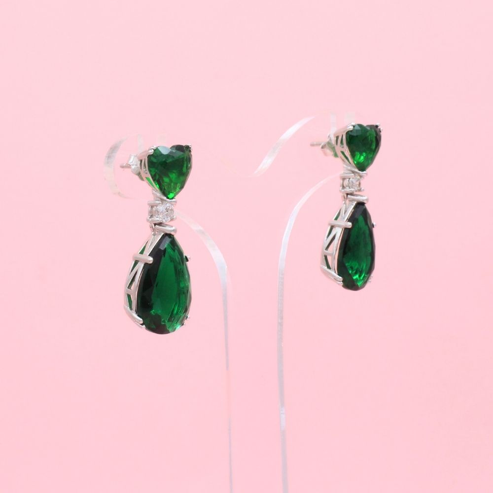 Arete Largo de Plata .925 Gota y Corazón de Moissanita Color Verde Tourmalina mod. 1235