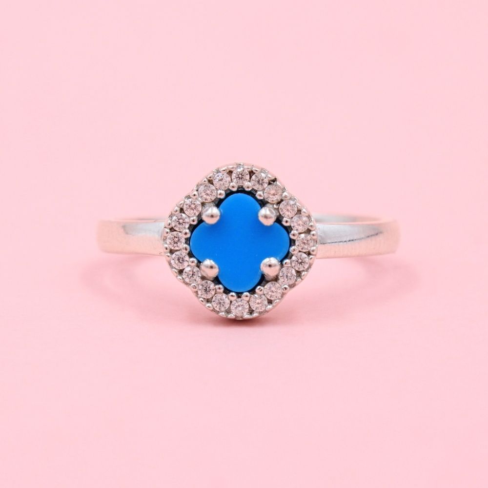 Anillo de Plata .925 Trébol de Turquesa Detallado con Zirconias Finas mod. 1045