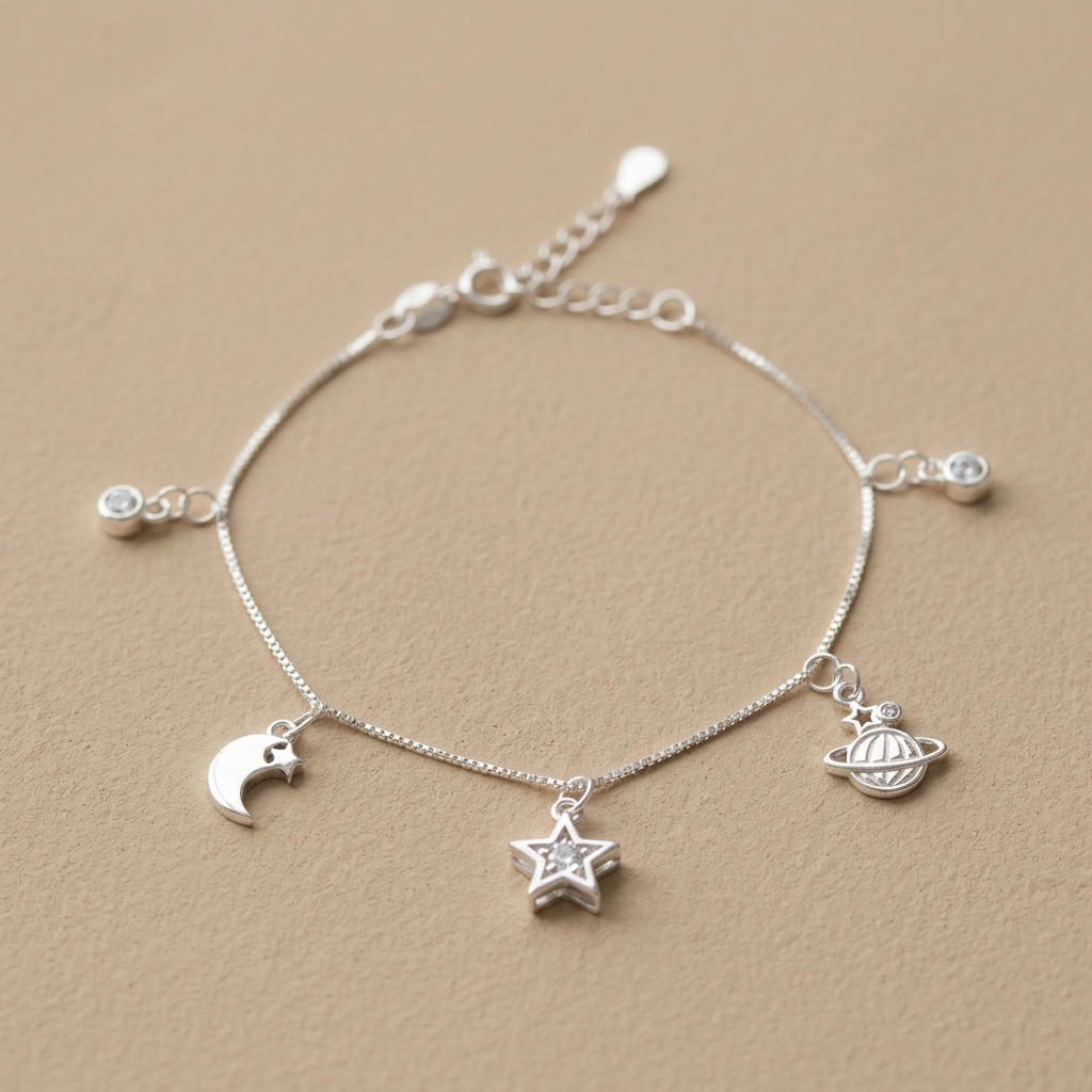 Pulsera de Plata. 925 Diseño de Saturno, Luna y Estrella Colgantes con Extensión  mod.3272