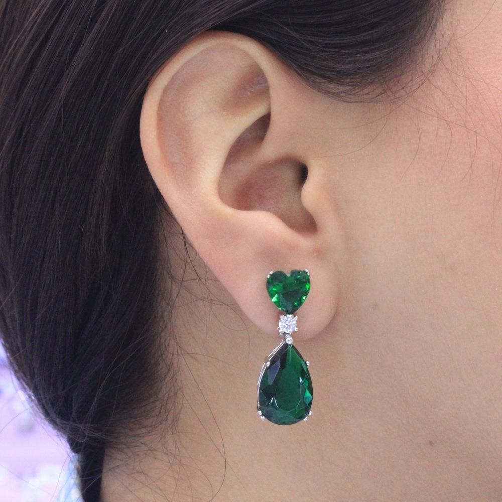 Arete Largo de Plata .925 Gota y Corazón de Moissanita Color Verde Tourmalina mod. 1235