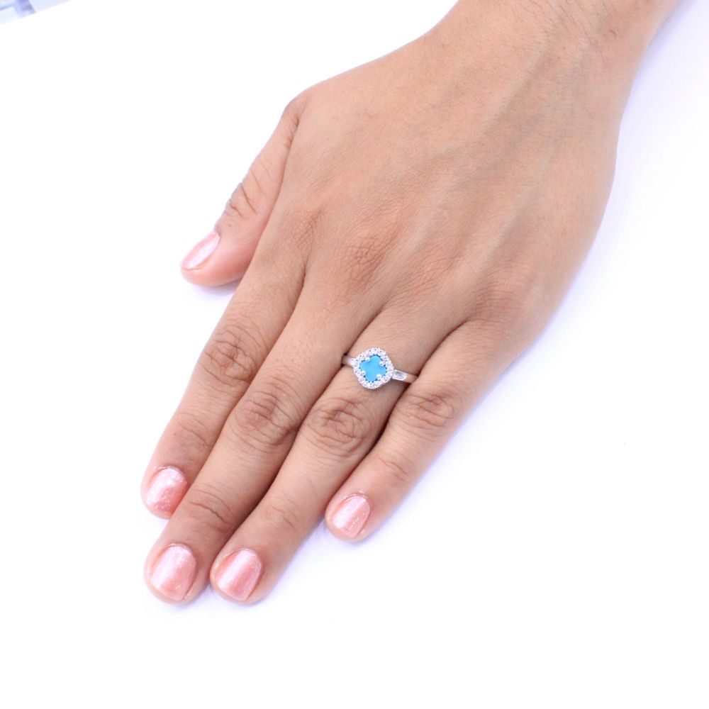 Anillo de Plata .925 Trébol de Turquesa Detallado con Zirconias Finas mod. 1045