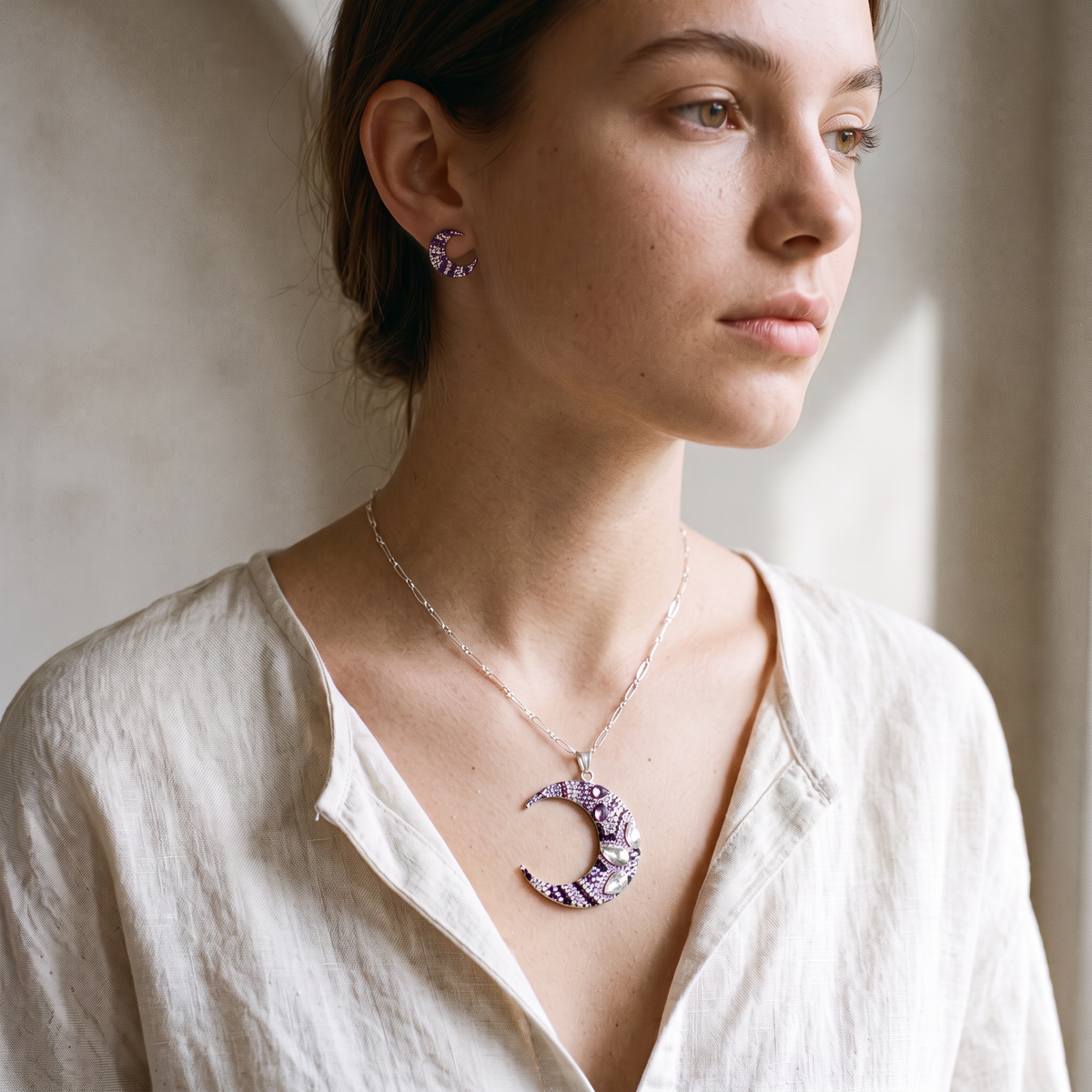 Coordinado de Plata .925 Con Diseño de Luna Morada y Zirconia mod. 3247