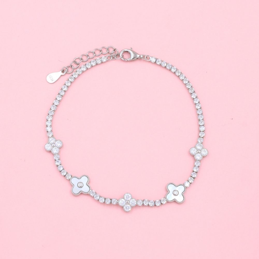 Pulsera de Tejido Zirconia con Tréboles de Madre Perla y Zirconias mod. 0809