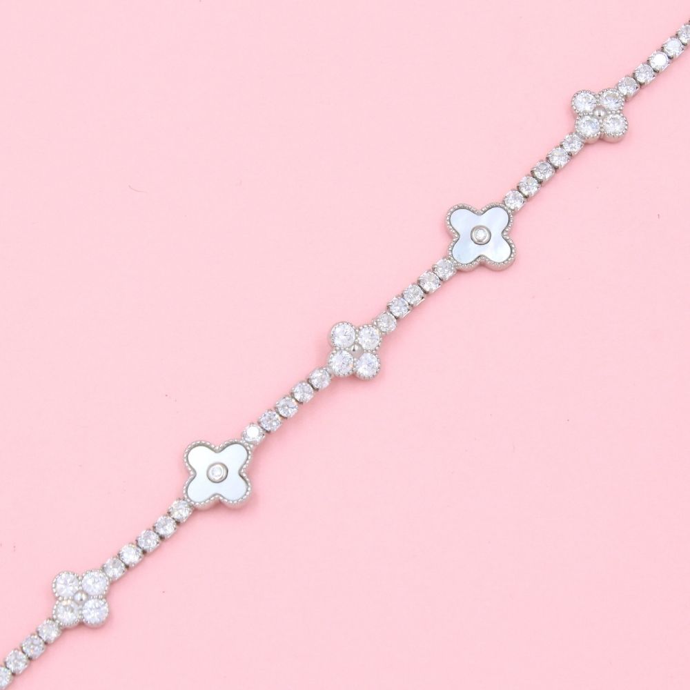 Pulsera de Tejido Zirconia con Tréboles de Madre Perla y Zirconias mod. 0809
