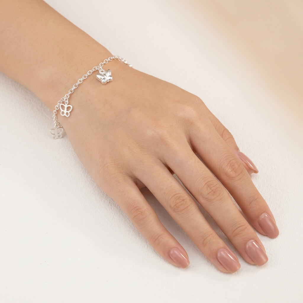 Pulsera de Plata. 925 con Mariposas Lisas y Caladas con Colgante y Extensión mod.3281
