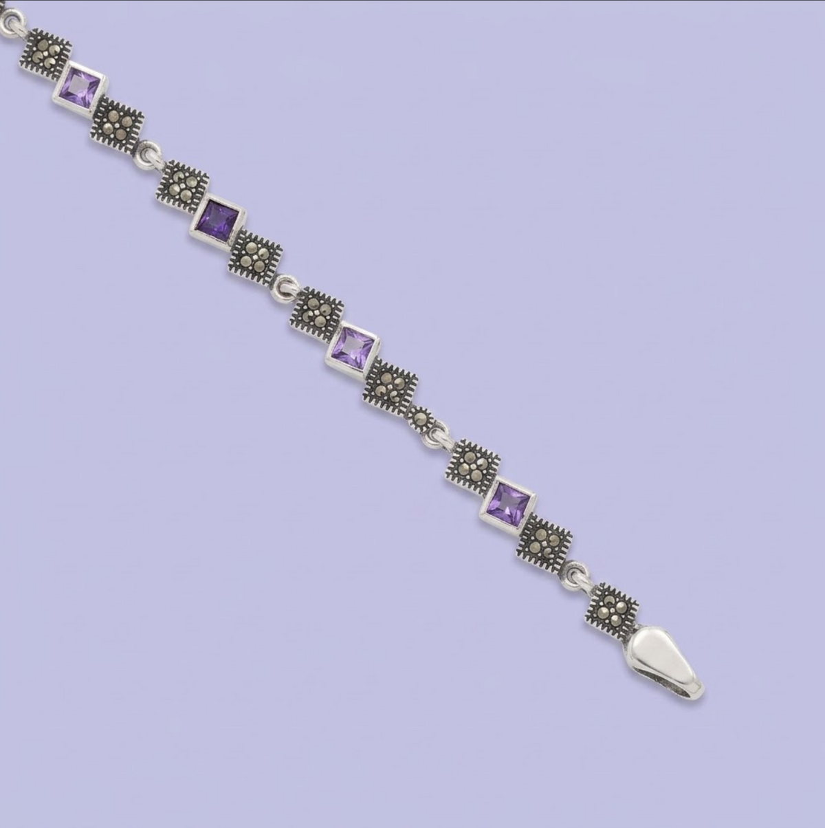 Pulsera de Plata .925 Diseño Elegante con Cuadrados de Zirconia Morada y Marquesitas Finas mod. 3162