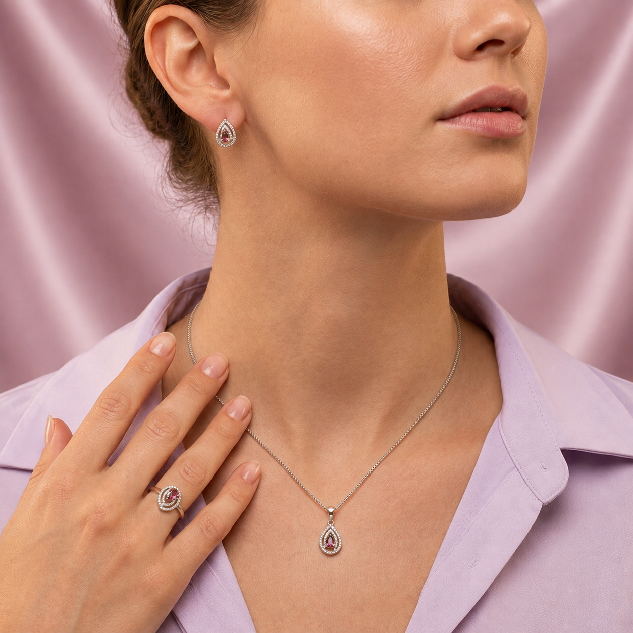 Coordinado de Plata .925 Pétalo Doble Fucsia y Verde con Incrustación de Zirconias mod. 2947