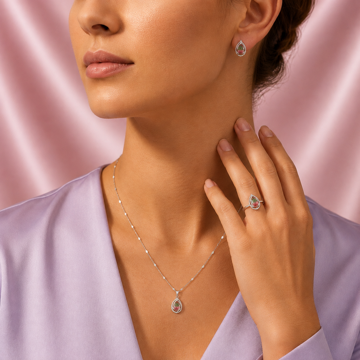 Coordinado de Plata .925  Doble Hoja con Centro Rosa Pastel y Verde e Incrustación de Zirconia mod. 2948