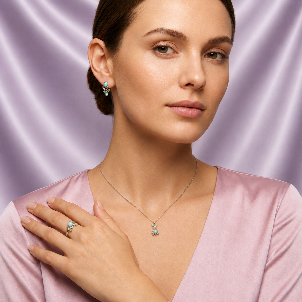 Coordinado de Plata .925 Diseño de Ramas con Zirconia Turquesa y Verde mod. 2953