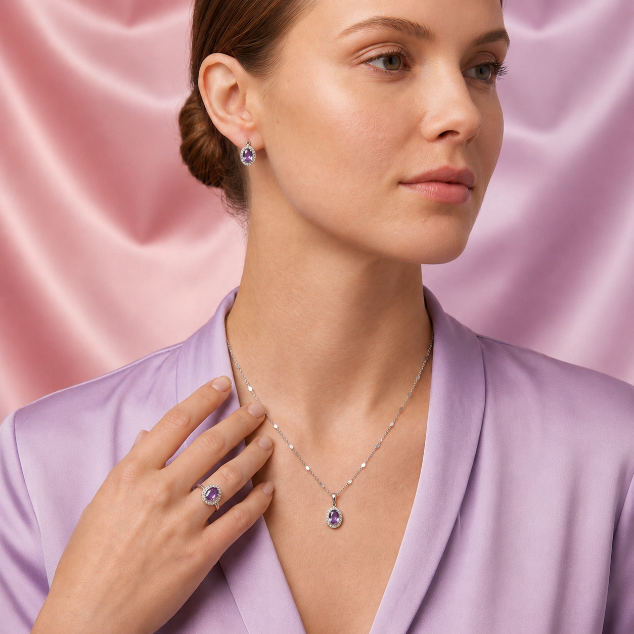 Coordinado de Plata .925 Diseño Oval Violeta e Incrustación de Zirconias mod. 2955