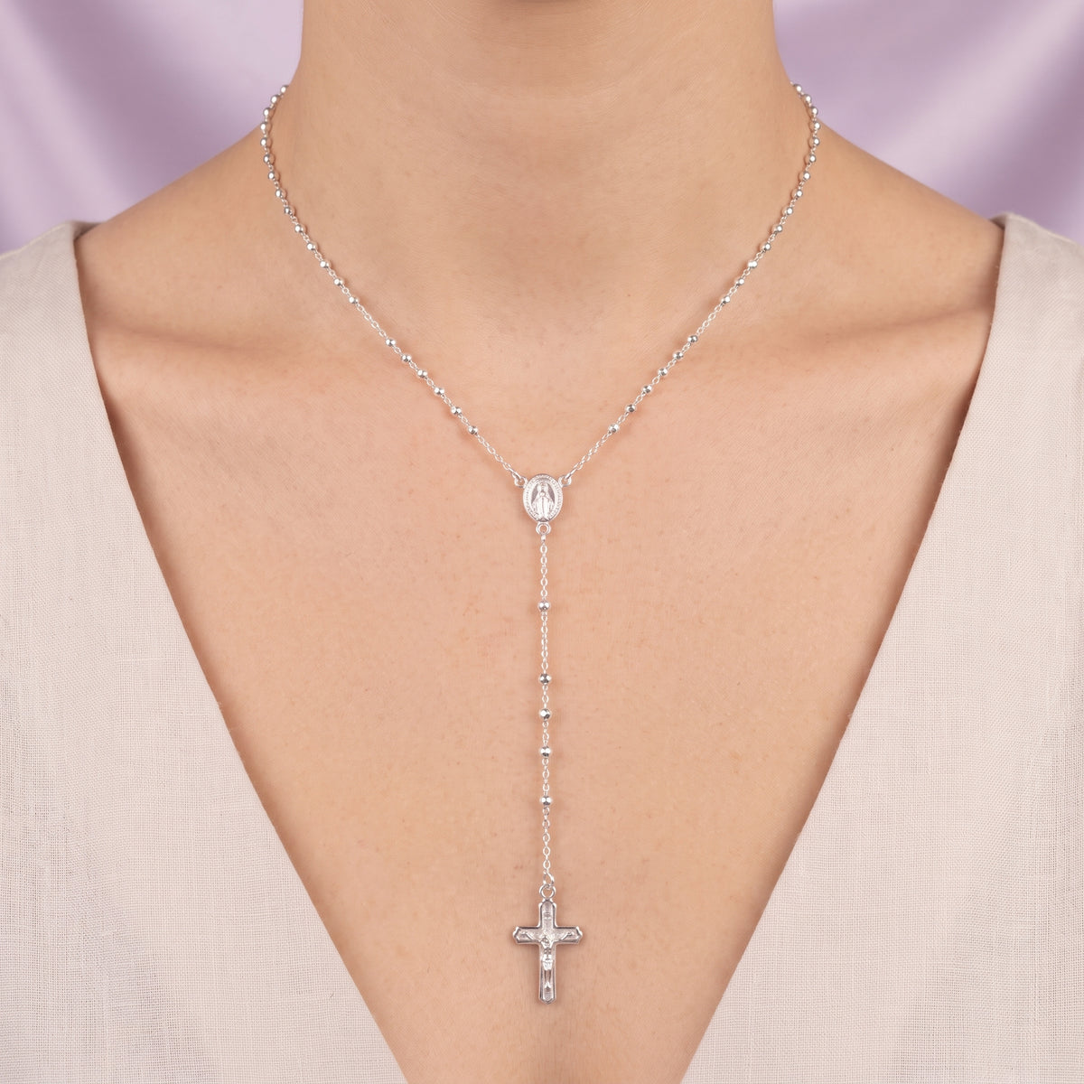 Rosario de Plata .925 Virgen de Guadalupe Oval con Tejido de Bolitas Lisas mod. 3027