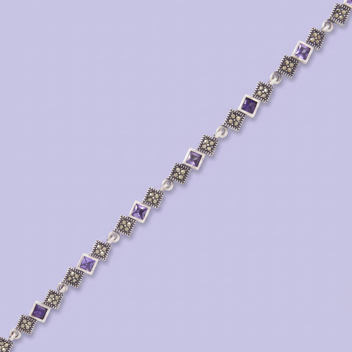 Pulsera de Plata .925 Diseño Elegante con Cuadrados de Zirconia Morada y Marquesitas Finas mod. 3162