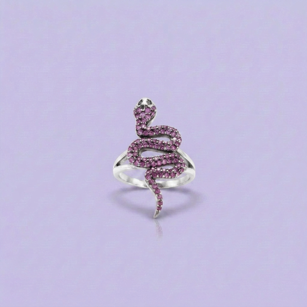 Anillo de Plata .9025 Diseño Vivora con Incrustacion de Zirconia Rosa mod. 2788