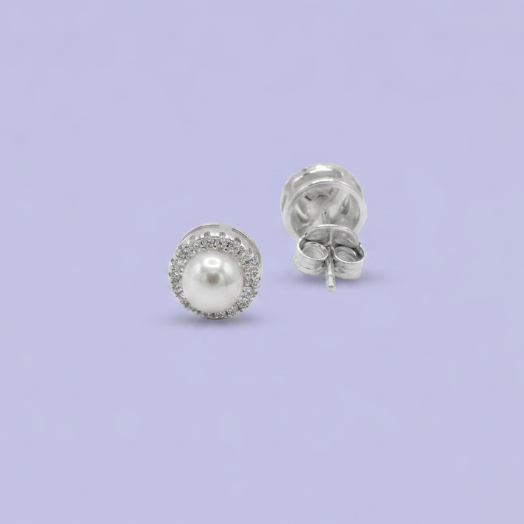 Arete de Plata .925 Diseño de Perla Circular con Incrustacion de Zirconias  mod. 2778