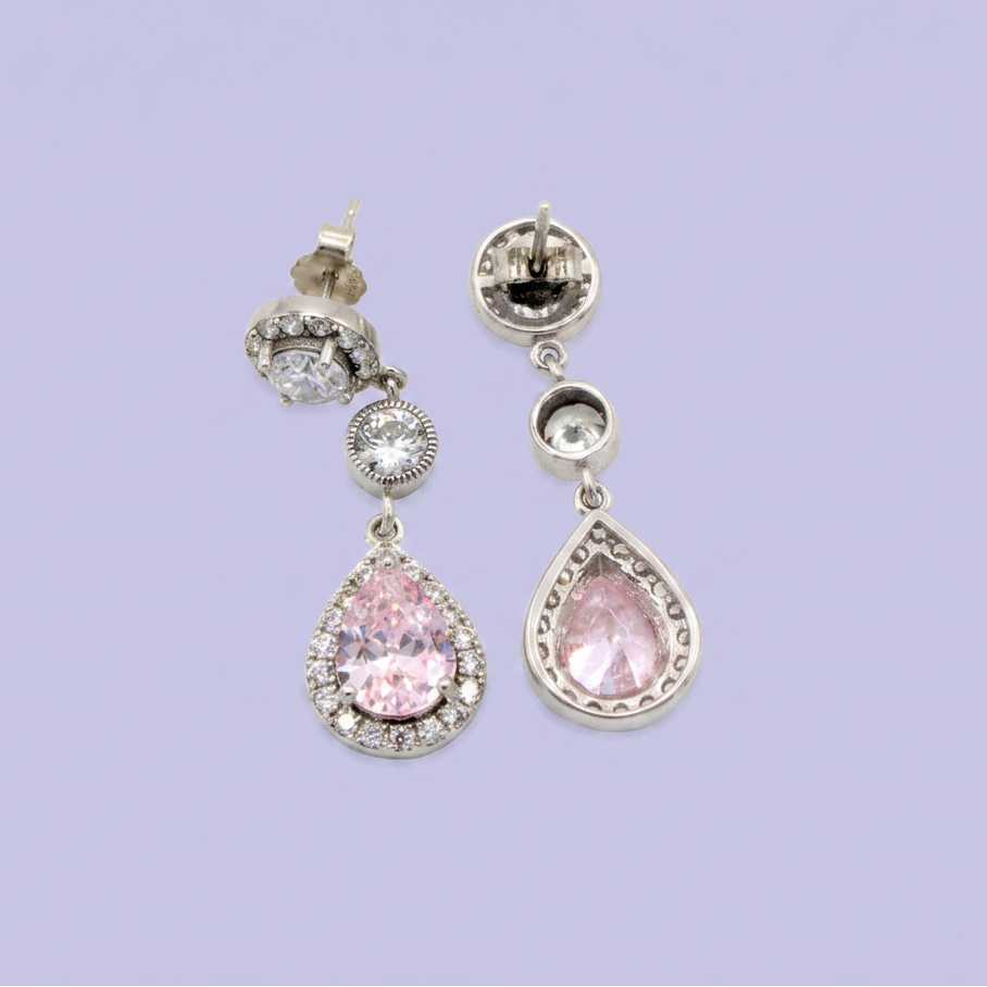 Arete de Plata .925 Gota Colgante Rosa con Zirconias mod. 2775